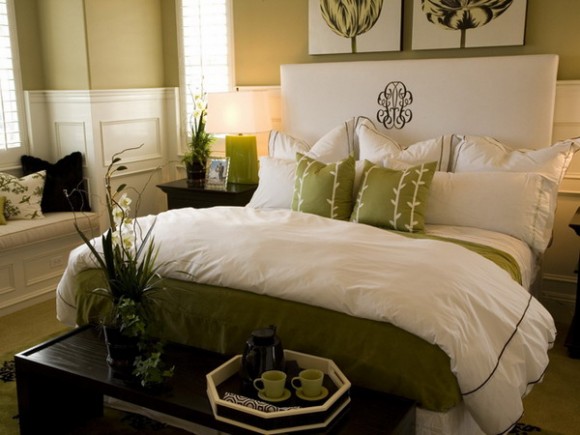 green and white colors in bedroom
