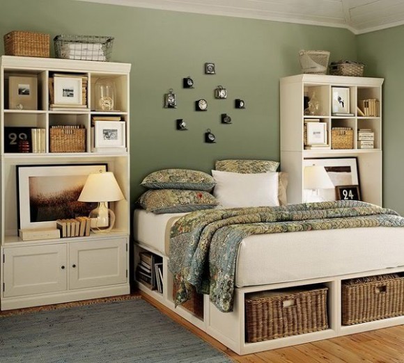 bedroom smart storage in wicker baskets