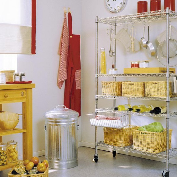 kitchen smart storage in wicker baskets