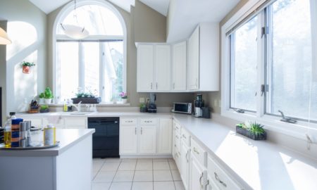 empty kitchen with white wooden cabinet
